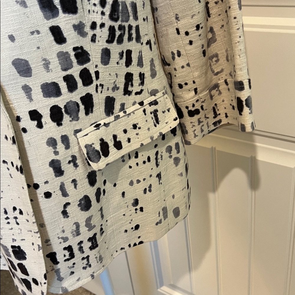 COLDWATER CREEK Print Blazer Jacket 12 White Black Linen Blend 3/4 Sleeve - Picture 8 of 16
